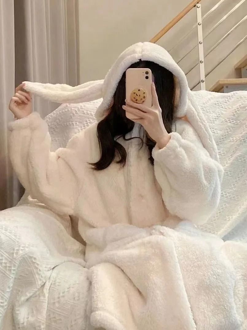 Autumn and Winter Ladies Warm Rabbit Ear Pajamas – Cartoon New Robe & Ins Girls Student Homewear