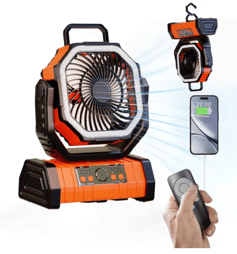 20000mAh Battery Operated Portable Camping Fan with LED Light – Rechargeable Desk & Outdoor Fan