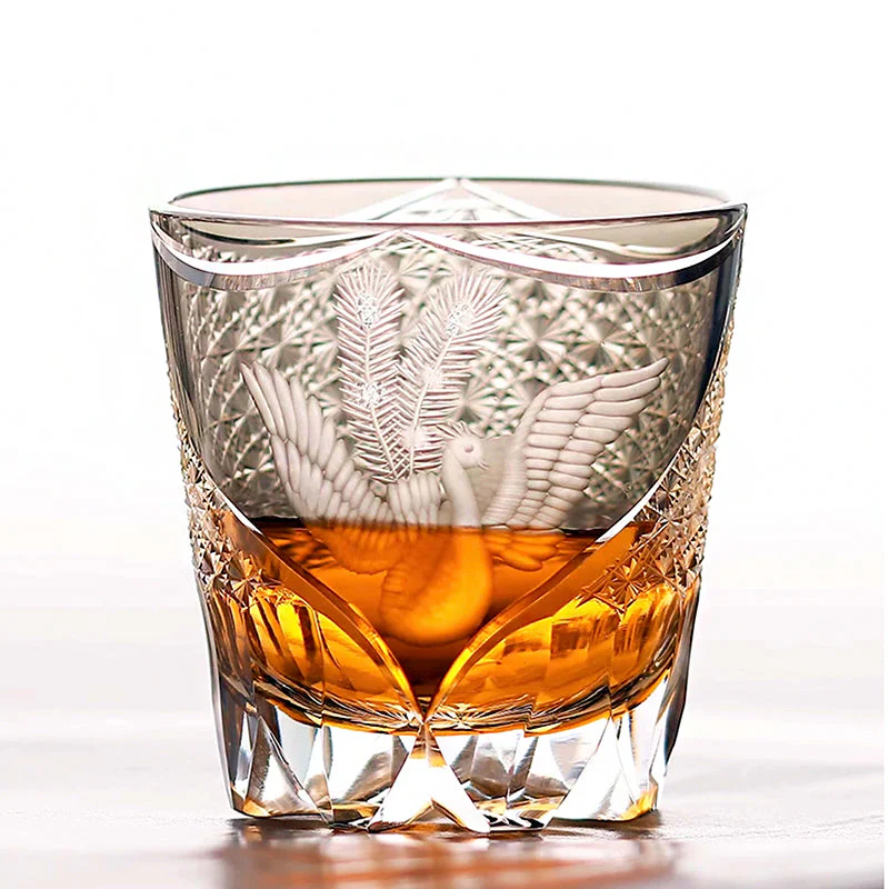 Edo Kiriko Handcrafted Peacock Pattern Whisky Glass Gray Phoenix