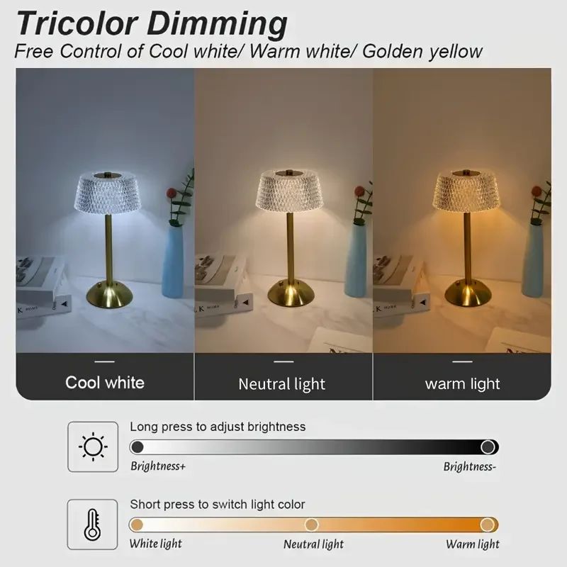 Modern Crystal LED Touch Desk Lamp – Rechargeable Gold Cordless Decorative Light