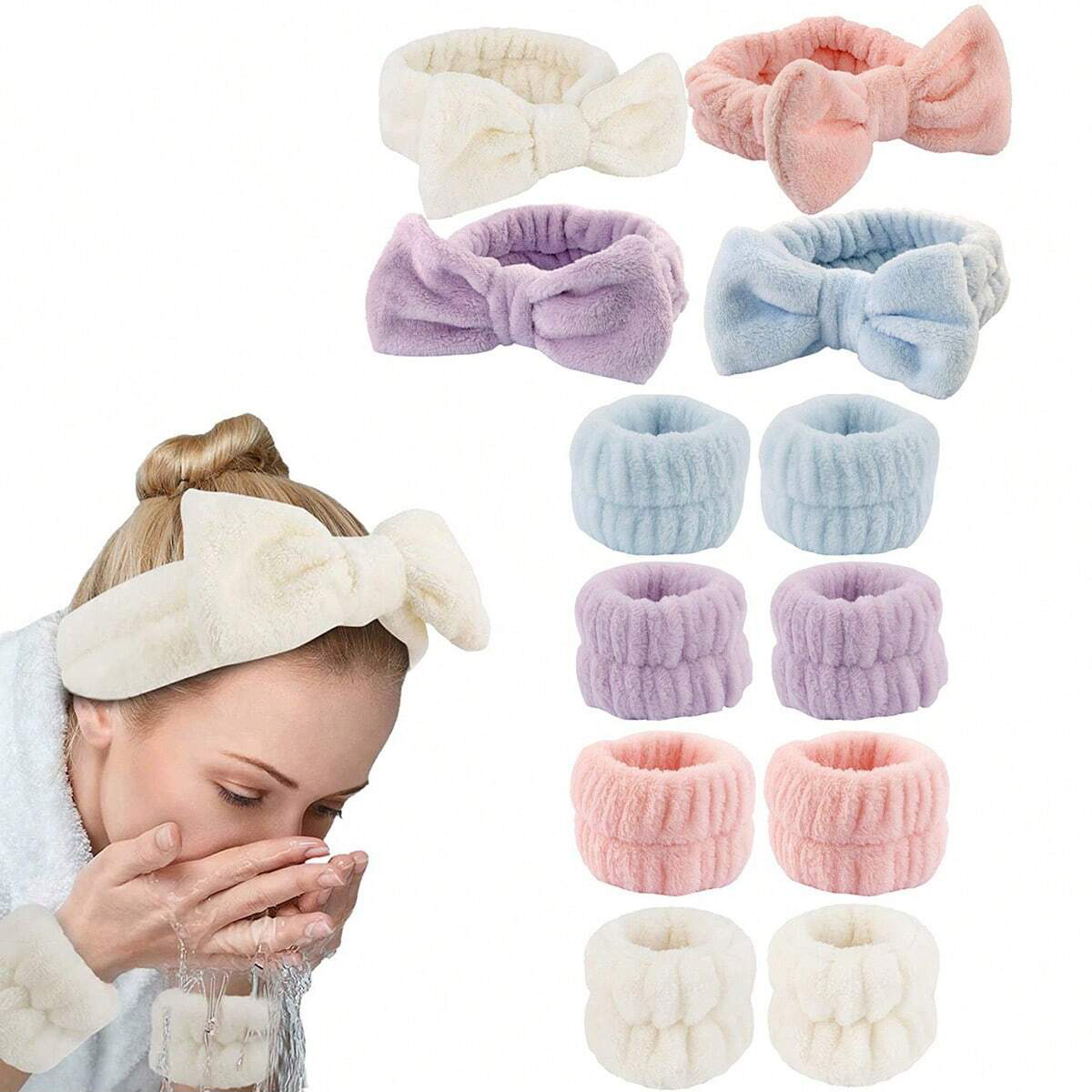 Coral Fleece Makeup Headband and Wrist Washband Set – High Elastic Facial Hair Band & Wrist Bands