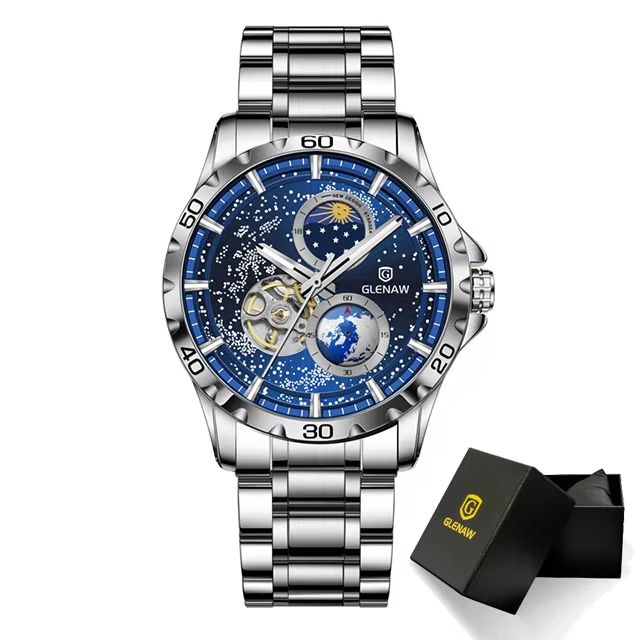 GLENAW Rotating Earth Automatic Mechanical Watch – Double Second Hand Men's Luxury Wristwatch with Starry Sky Dial and S
