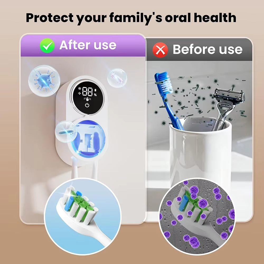 Automatic Toothbrush Holder Dryer, Rechargeable, Wall Mounted with Light Cleaning Feature