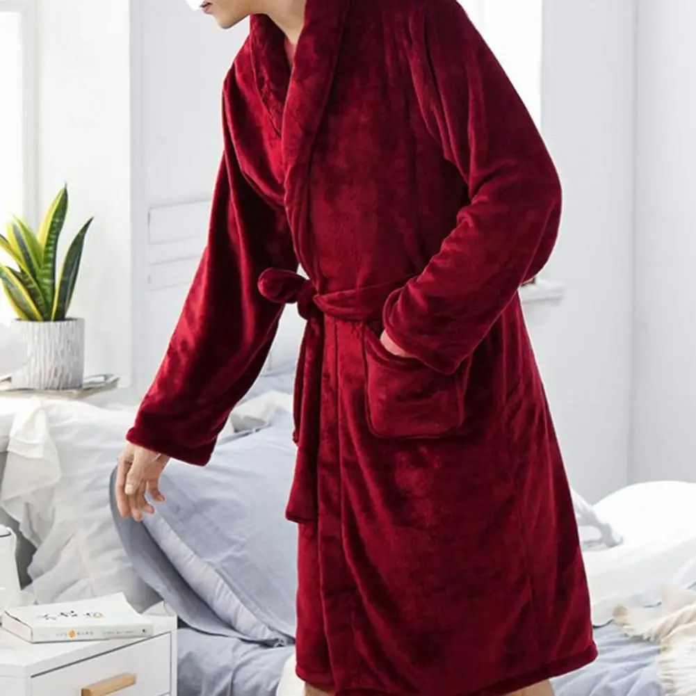 Mens Plush Flannel Winter Bathrobe Thick Lined Medium Length Home Robe