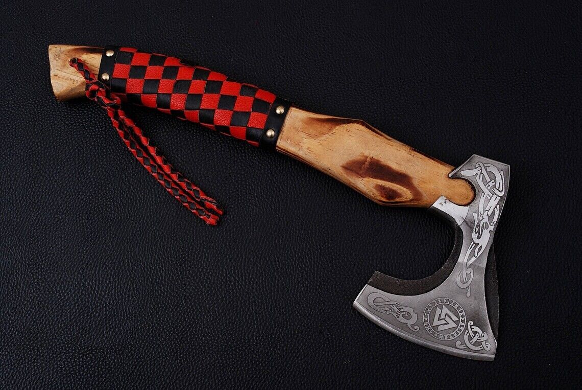 Custom Handmade Carbon Steel Blade Viking Axe | Hunting Axe | Camping Etched Axe