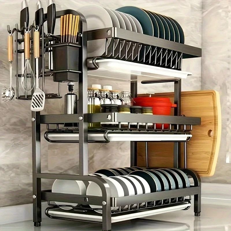Three-Tier Space-Saving Dish Rack – Large Capacity Kitchen Countertop Utensil Holder & Draining System