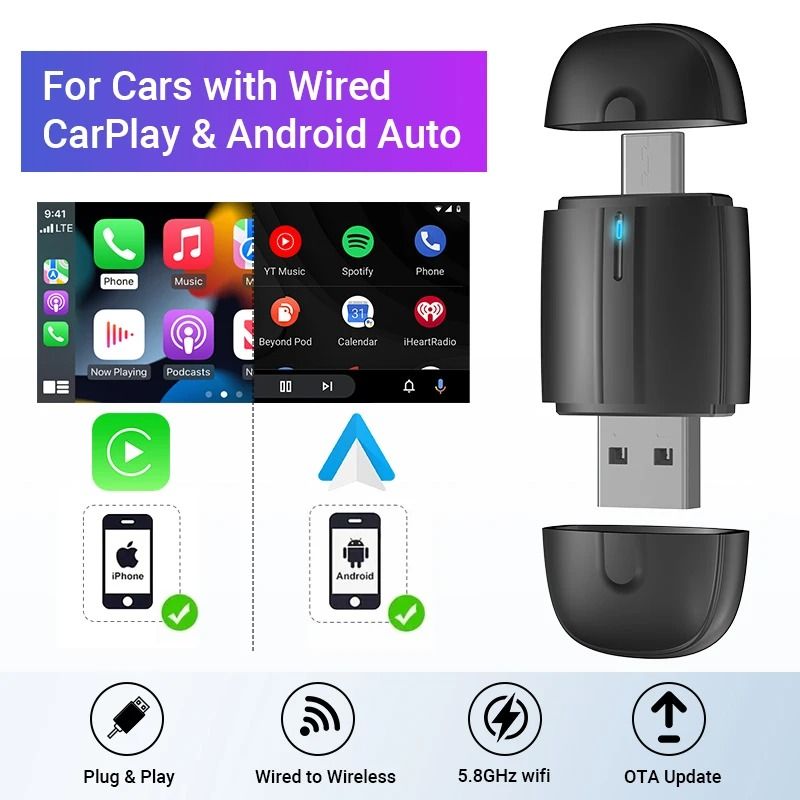 Wired to Wireless CarPlay and Android Auto 2-in-1 Mini Adapter Dongle Universal Bluetooth WiFi Plug and Play