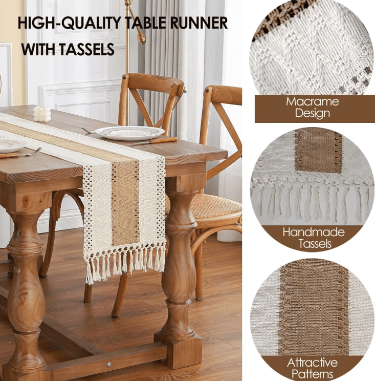 Boho Farmhouse Linen Table Runner with Tassels – Rustic Macrame Dining Decor