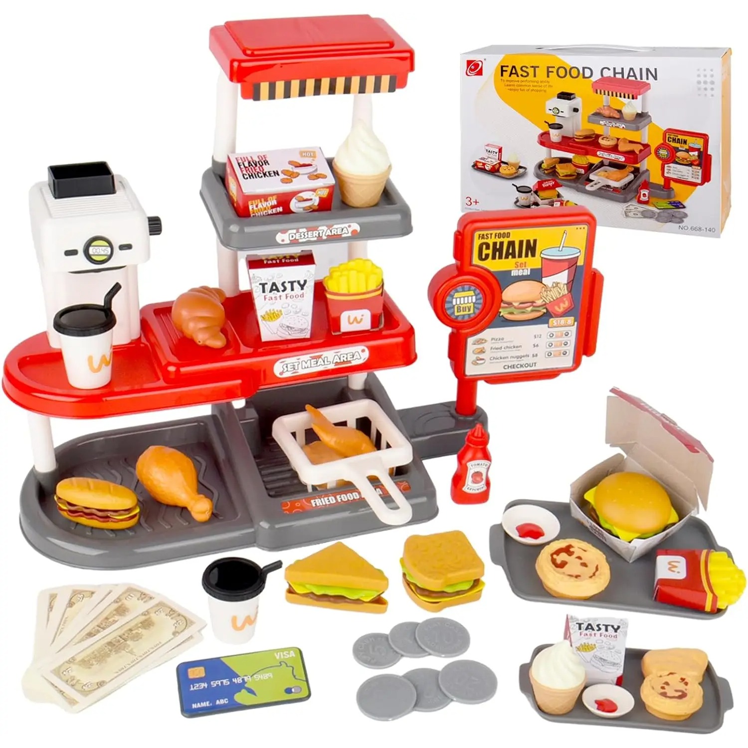 Realistic Food Sets for Toddlers, Pretend Play Fast Food Toys, Cash Register Toys, Hamburger Sandwich Water Dispen