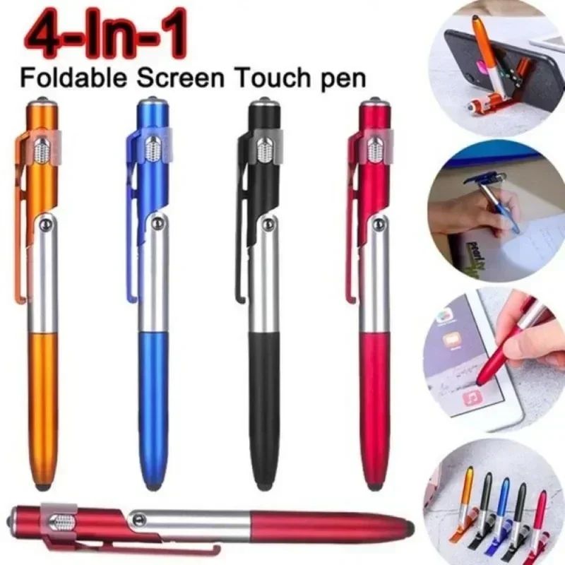 4-in-1 Multifunction Stylus Ballpoint Pen – Foldable Phone Holder, Flashlight & Touchscreen Pen