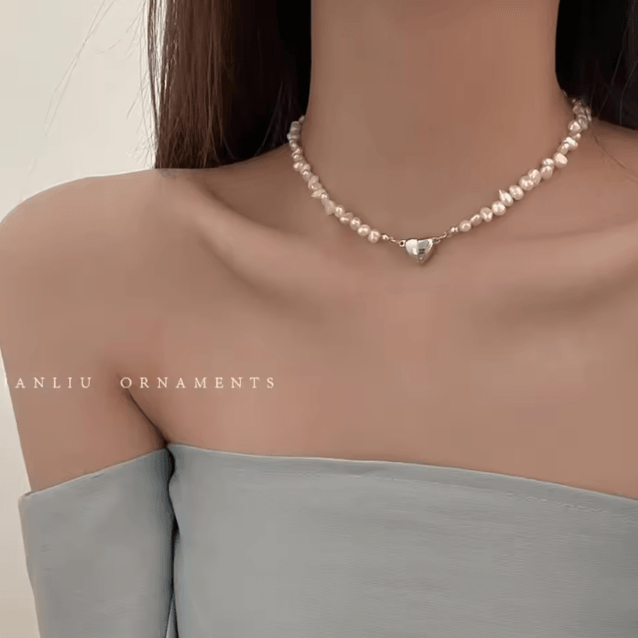 EternaHeart Korean Pearl Chain Magnetic Heart Pendant Necklace – Chic Choker Gift for Women & Girls