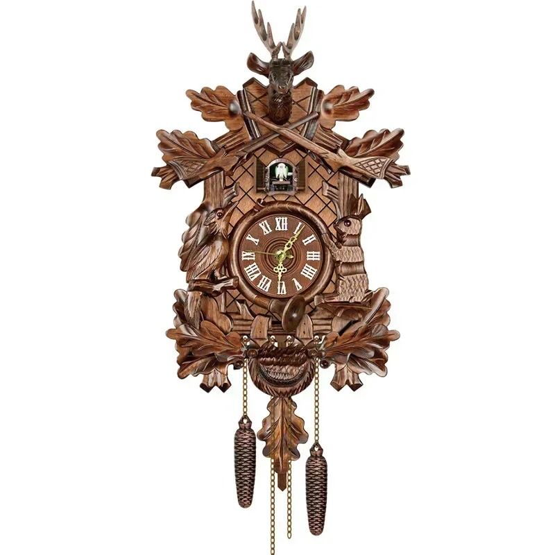 Wooden Cuckoo Wall Clock with Bird Alarm and Silent Quartz Movement
