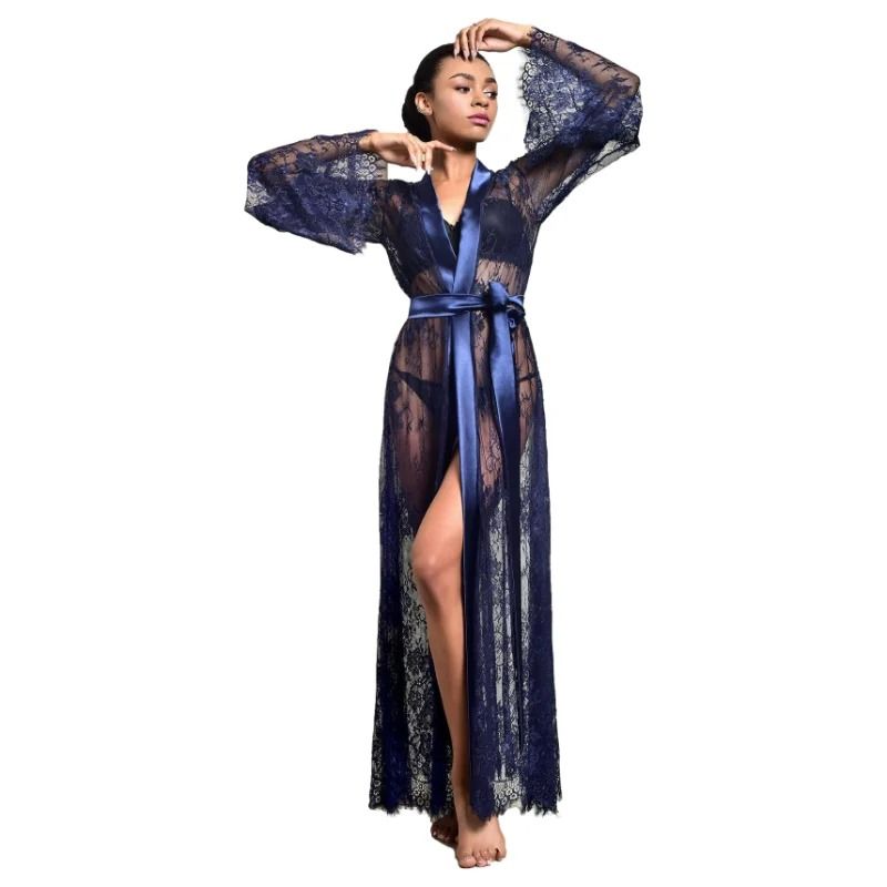 Womens Long Lace Sheer Nightgown – White Bridesmaid Robe & Sensual Kimono Bride Lingerie