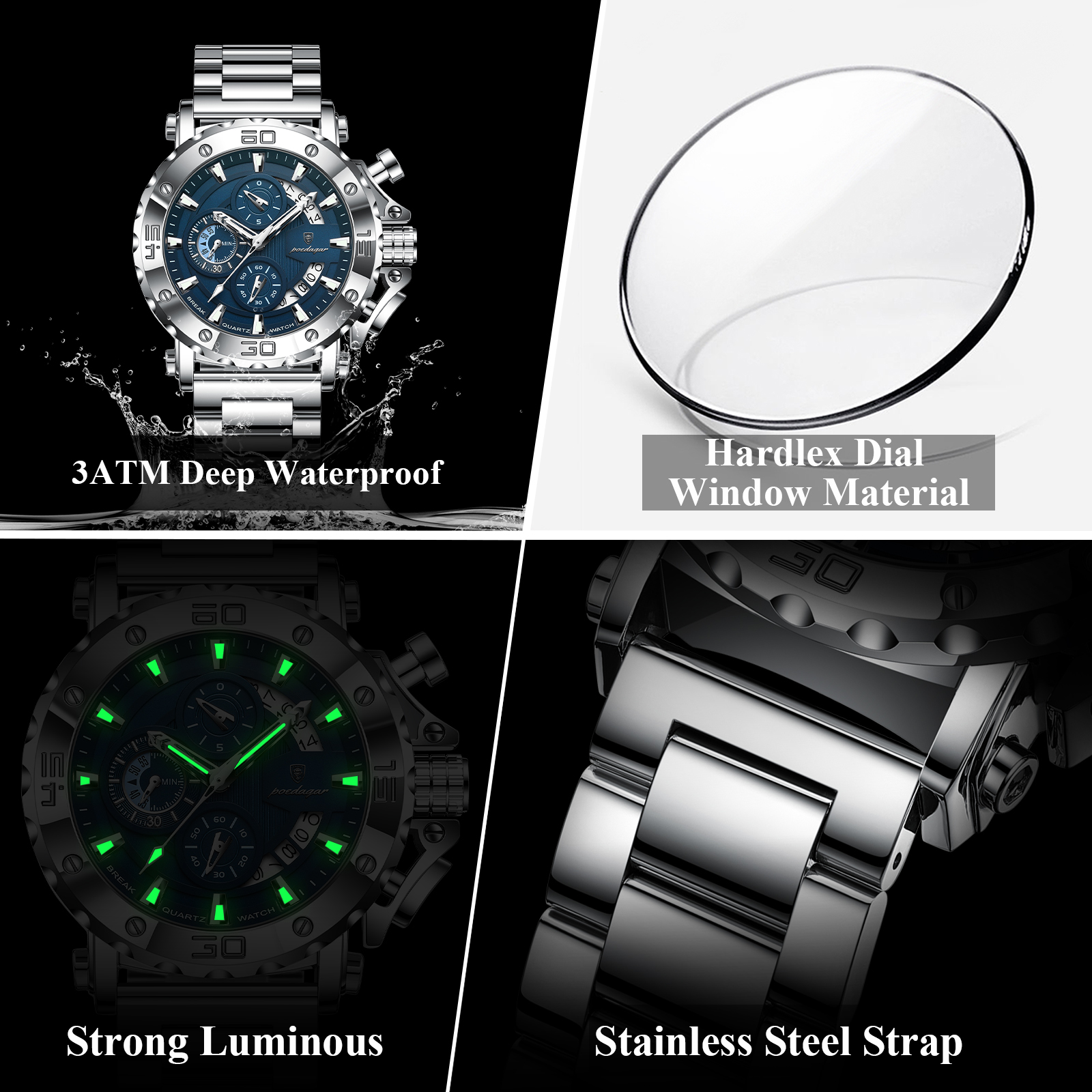 Luxury Men Chronograph Watch Waterproof Stainless Steel Luminous Calendar Timepiece