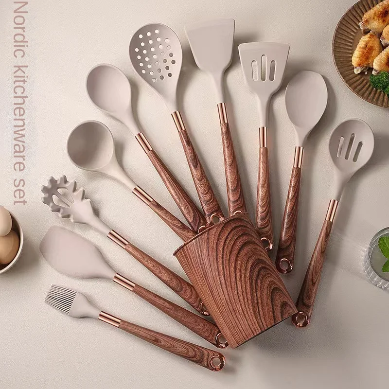 Premium Silicone Kitchen Utensils Set with Gold-plated Wood Grain Handles - Spatula, Spoons, Cooking Tools