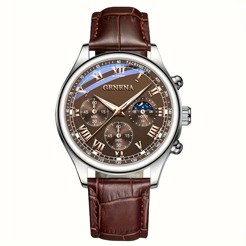 GENEVA Round Business Mens Quartz Watch with Luminous Dial & Leather Strap