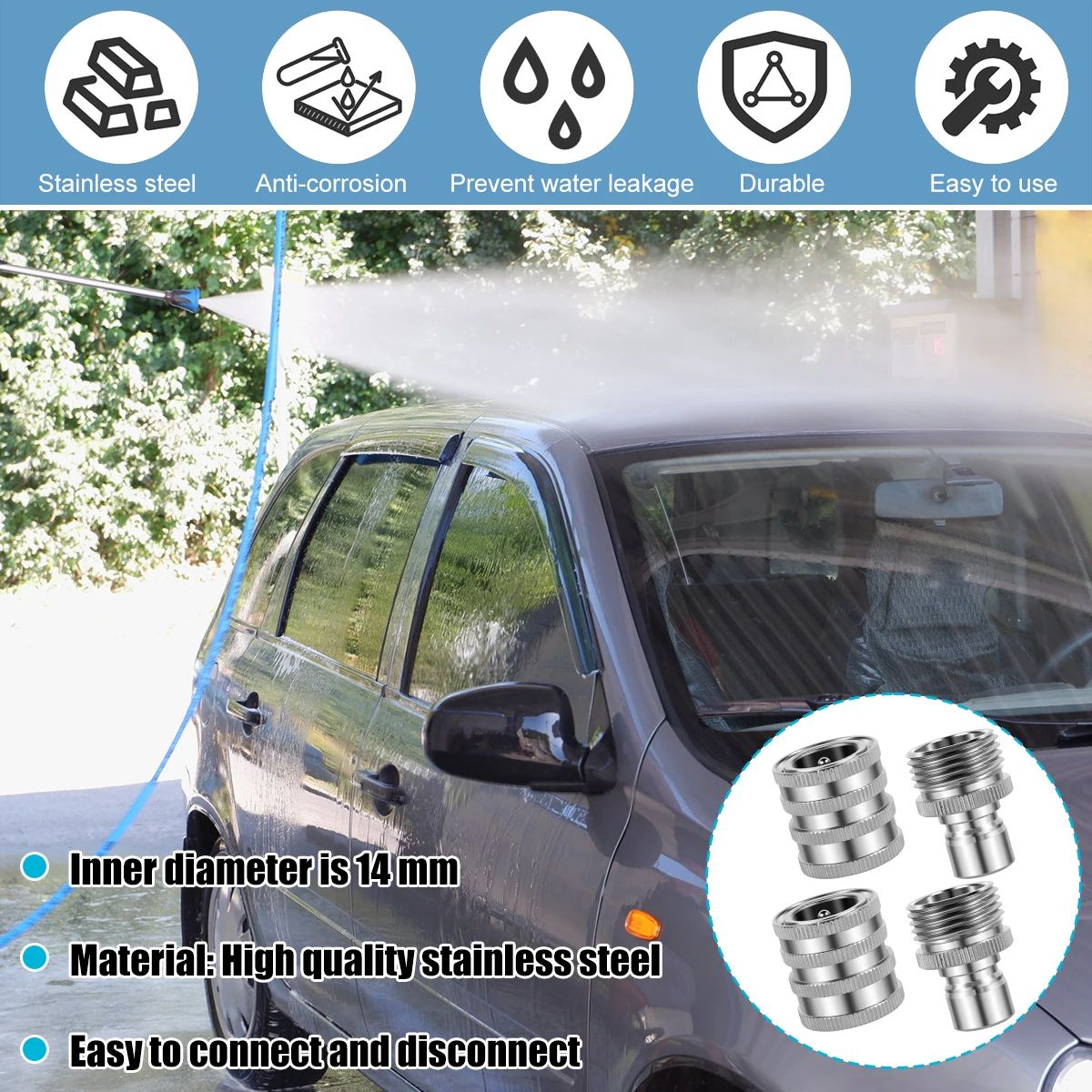 4 Piece Garden Hose Quick Connector Set Stainless Steel Leak Proof Hose Fittings