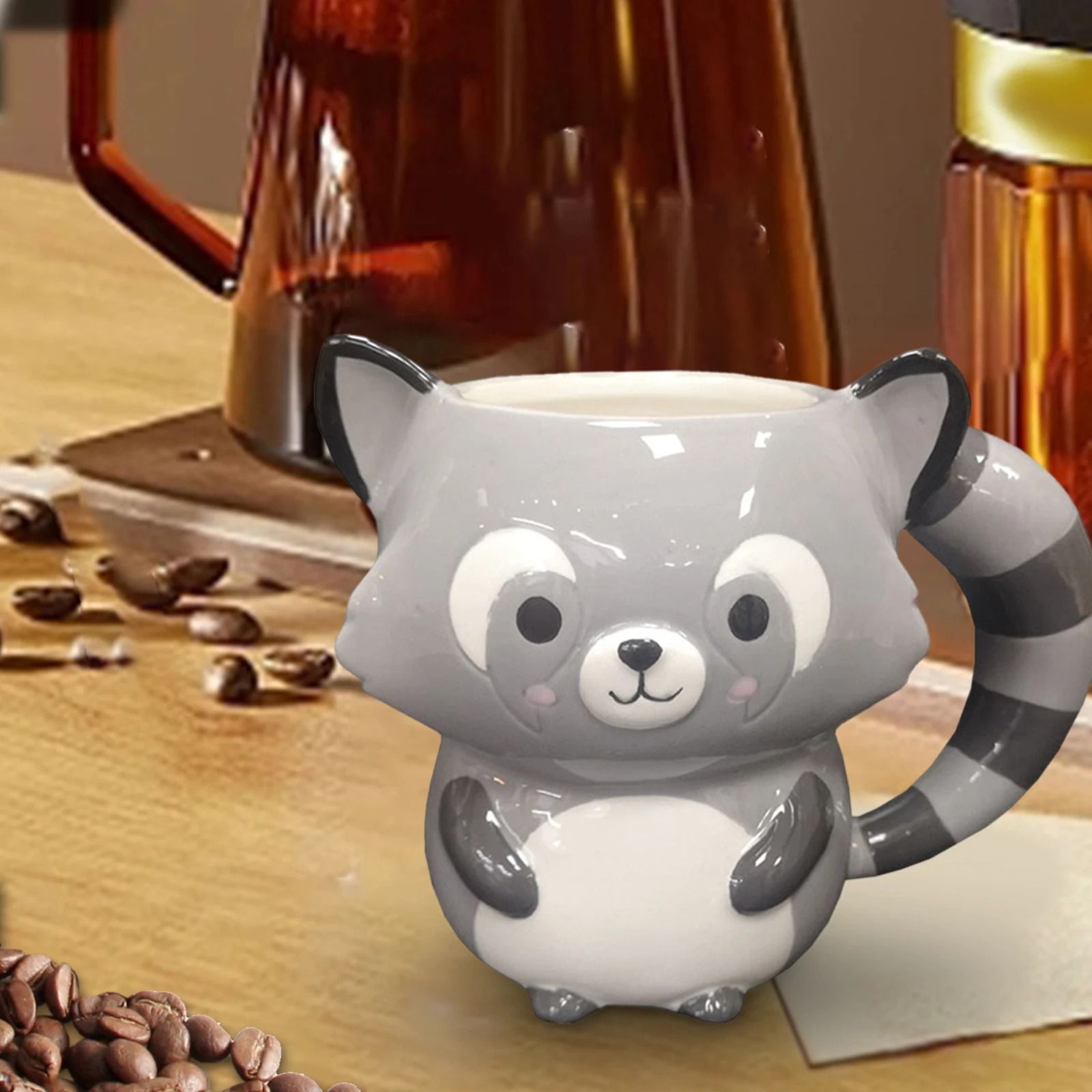 Childrens Cartoon Ceramic Mug with Bear and Raccoon Designs
