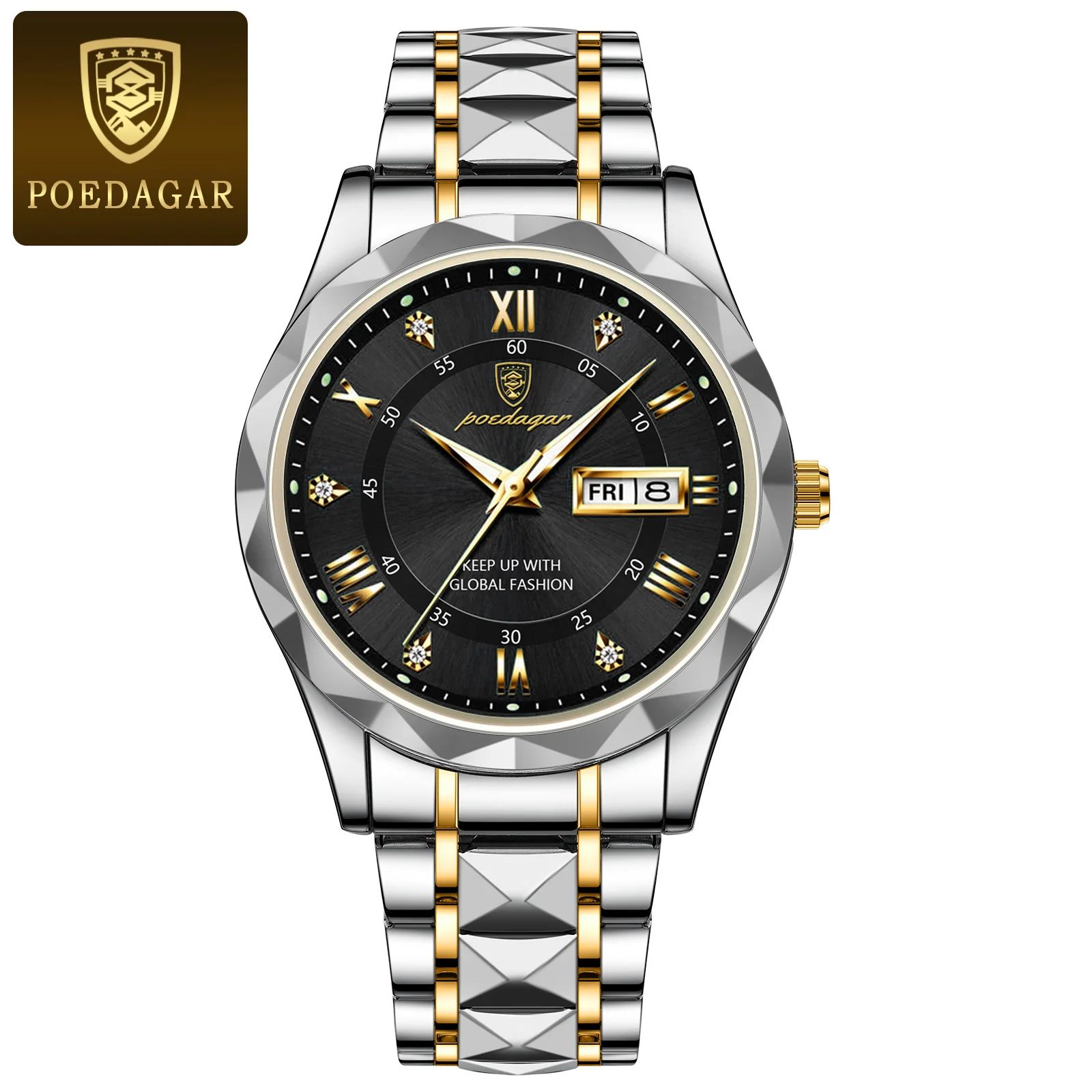 POEDAGAR 615 Luxury Waterproof Stainless Steel Men's Quartz Watch with Luminous Date & Week Display
