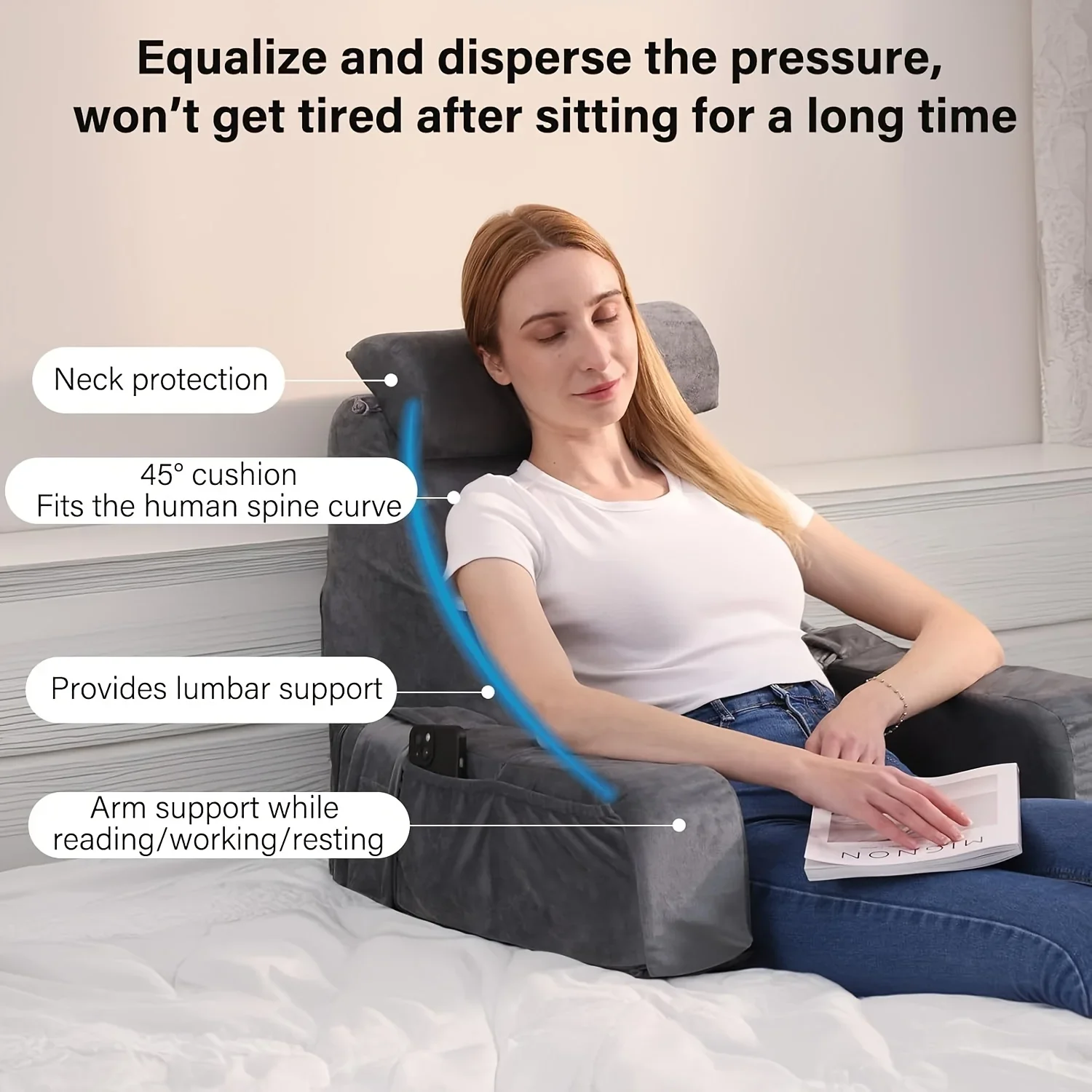 Ergonomic Back Support Cushion for Bed Chair, Reading Pillow with Armrests Cushion, TV Gaming Comfort Accessory Bed