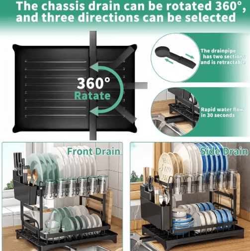 2 Tier Kitchen Countertop Dish Drying Rack with Drip Tray Metal Space Saving Dish Drainer