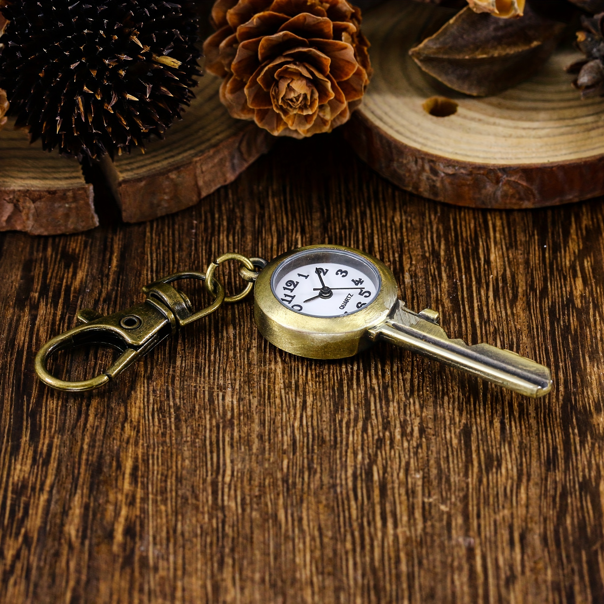 Vintage Antique Copper Pocket Watch Keychain Necklace Quartz Timepiece