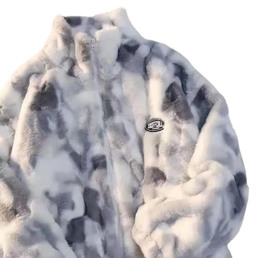 Trendy Tie Dye Fleece Jacket Womens Plush Lamb Wool Zip Up Winter Coat