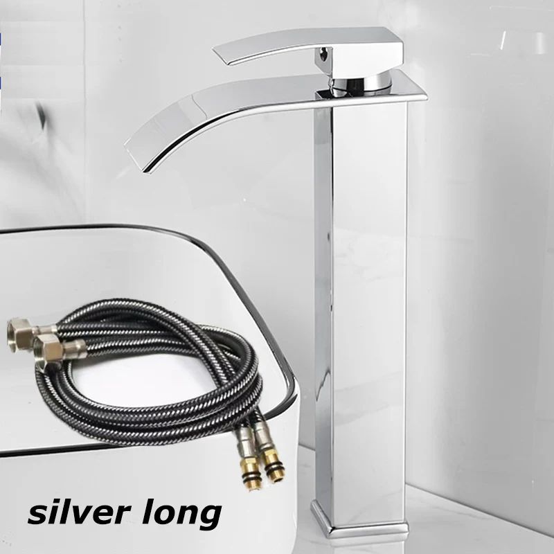 Matte Black Waterfall Bathroom Faucet with Hot & Cold Supply Lines