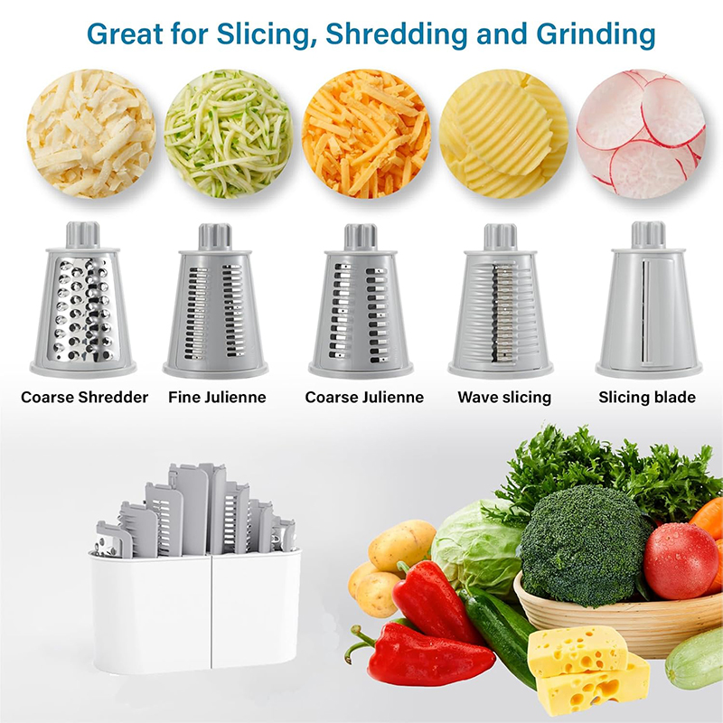 Rotary Cheese Grater and Vegetable Mandoline Slicer with Julienne Cutter and Nut Chopper