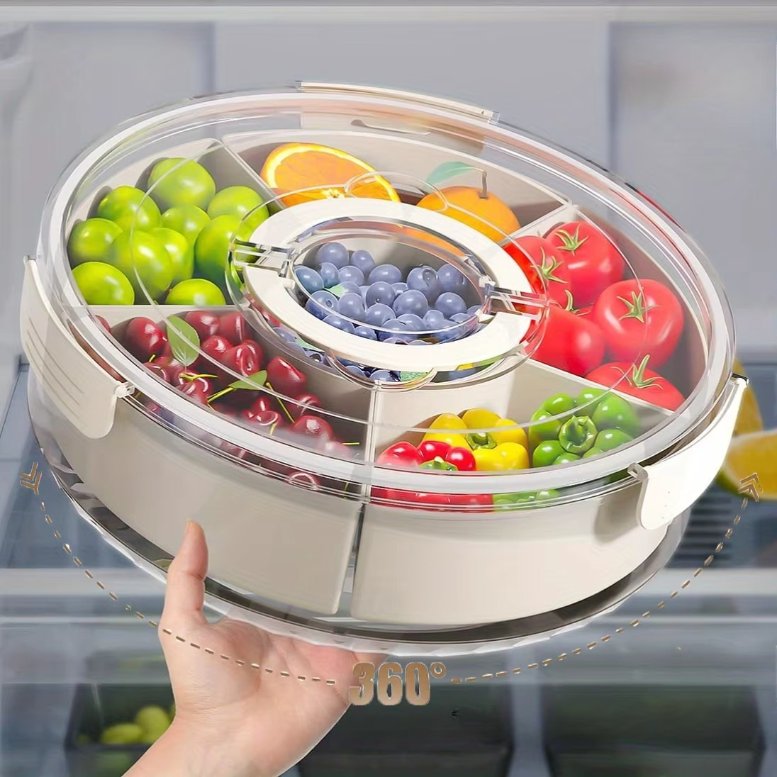 Food Storage Dried Fruit Snack Plate, Rotatable Storage Container, Snack and Vegetable Tray with Lid and Hand