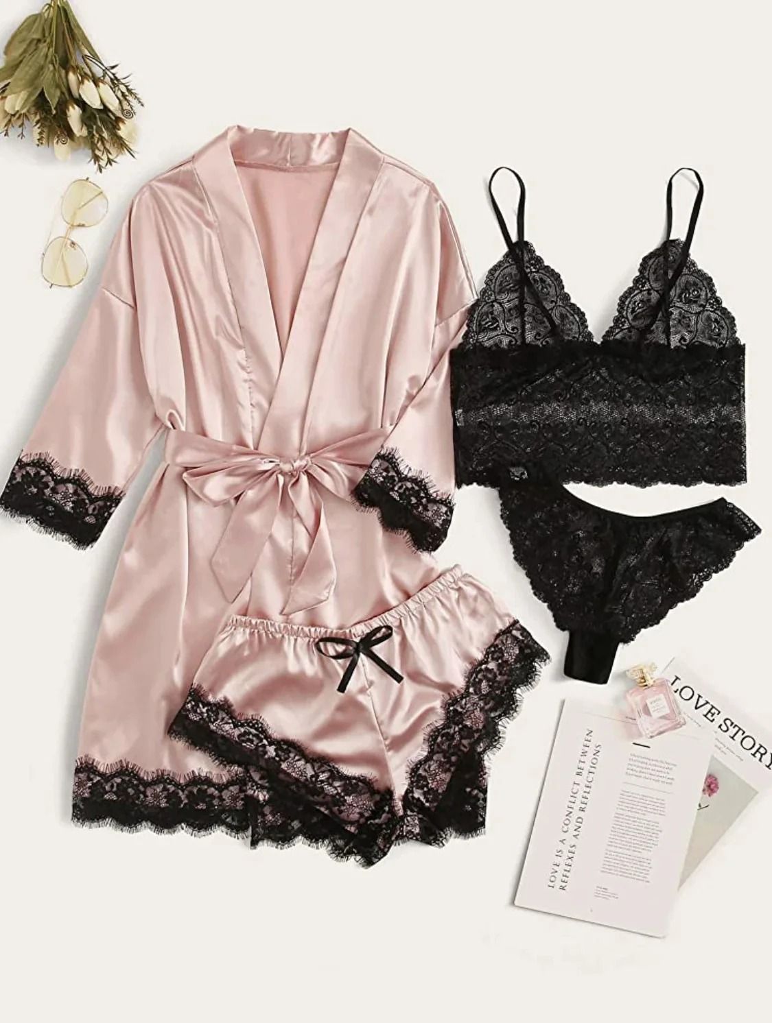 Womens Fashion Print Satin Pajama Set – Sexy Lace Trim Faux Silk Gown & Skin-Friendly Loungewear