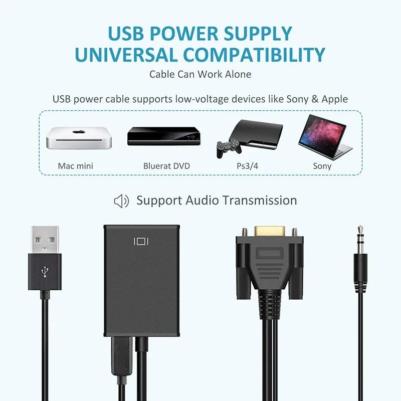 Universal VGA to HDMI Active Converter Cable with Audio – 8-Inch Adapter