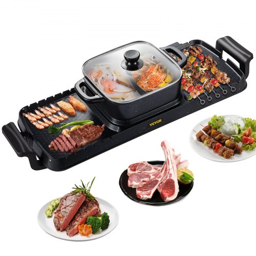 2400W 2-in-1 Electric Hot Pot & Grill, Dual Temp Control Smokeless BBQ Pan with Nonstick Coating for 1-8 People