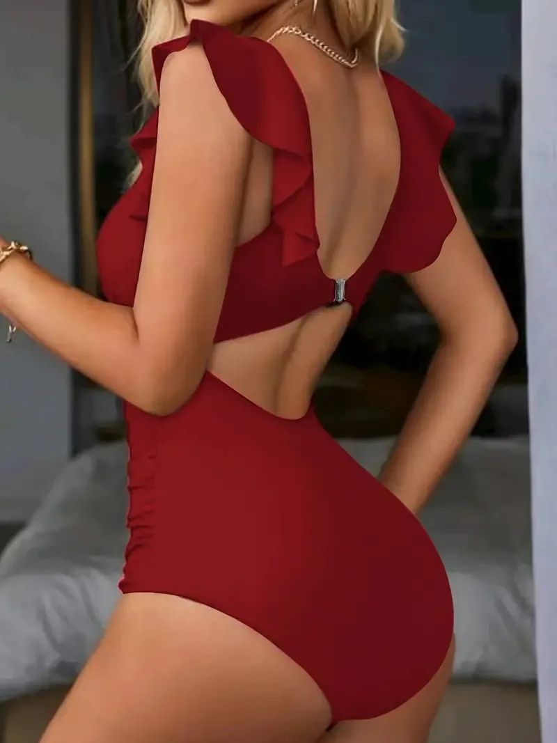 Sculpt & Shine Mesh One-Piece Swimsuit – Backless V-Neck Tummy Control High-Cut Swimwear