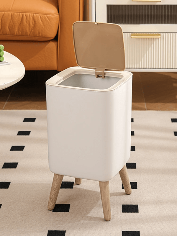 Modern Press Lid Trash Can with Wood Grain Design for Bedroom Bathroom and Living Room