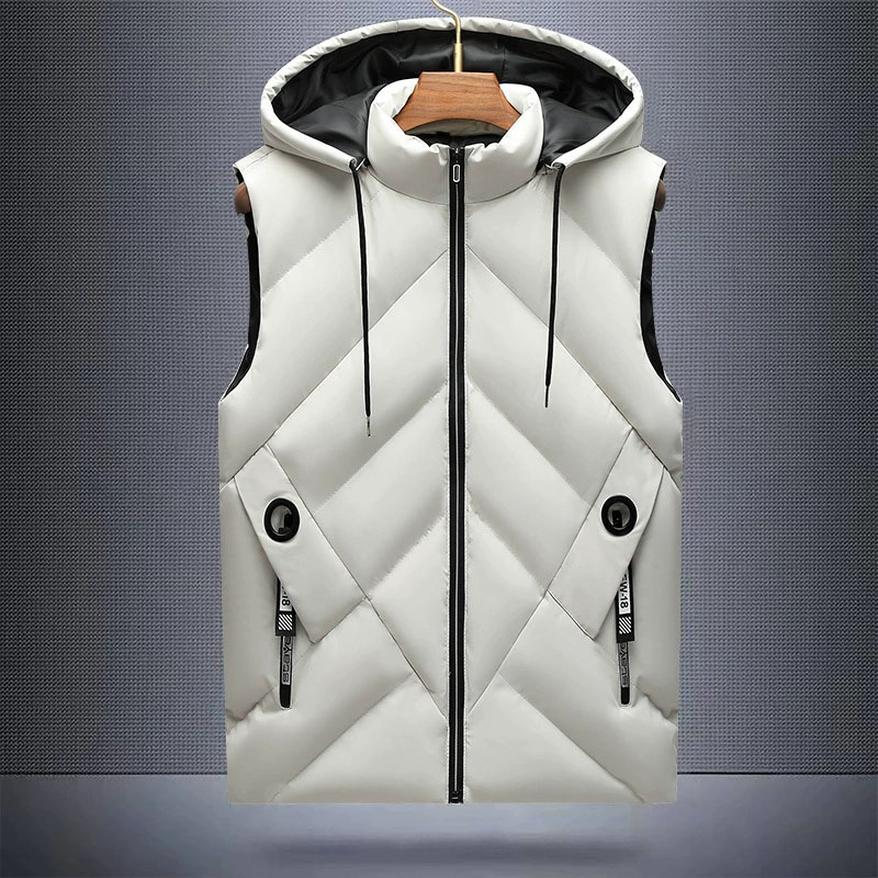 Men's Winter Down Vest, Waterproof, Hooded with Detachable Hat, Stand Up Collar Sleeveless Coat, Casual Waistcoat
