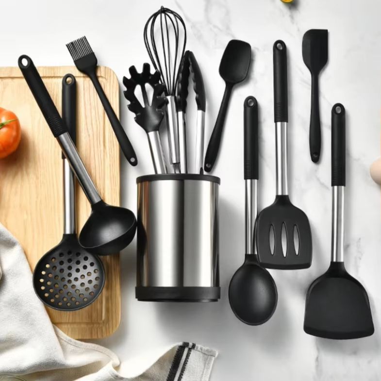 12-Piece 360° Rotating Base Silicone Kitchen Utensil Set Heat-Resistant Non-Toxic Cooking and Baking Tools