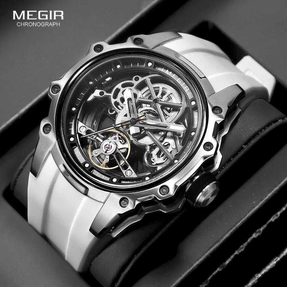 MEGIR Skeleton Dial Automatic Mechanical Watch Waterproof Luminous Sport Watch with Silicone Strap