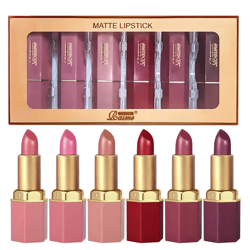 6 Color Gold Tube Matte Velvet Lipstick Set with Pearlescent Finish