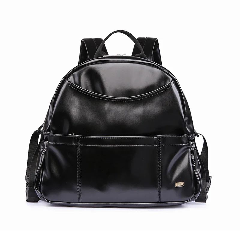 Modern Black PU Diaper Backpack Large Capacity Waterproof Baby Bag