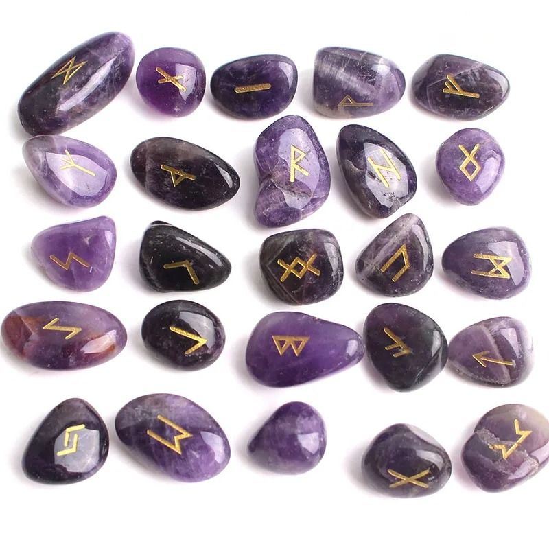 Natural Crystal Rune Stones Set 25PCS Quartz Agate Reiki Healing Witches Energy Crystal Carving