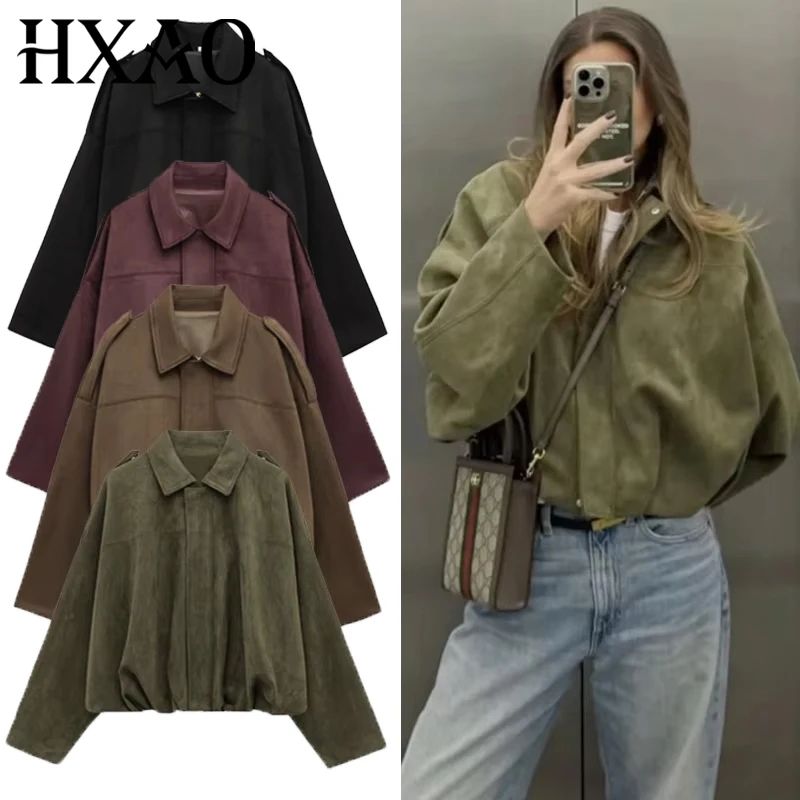 HXAO Cropped Suede Bomber Jacket Women Lapel Zipper Racing Coat