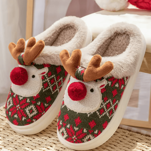 Cute Christmas Deer Womens Winter Slippers Cozy Non-Slip House Shoes