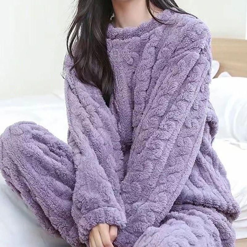 Womens Warm Velvet Ribbed Fleece Pajama Set Pullover and Pants