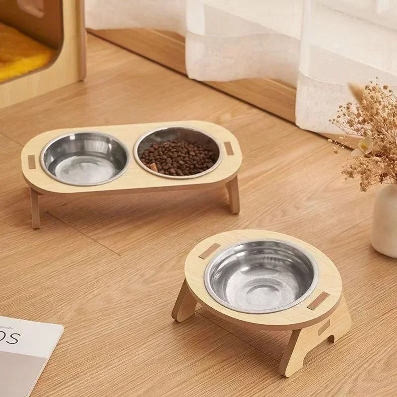 Elevated Wooden Pet Bowl With Stand For Cats And Small Dogs