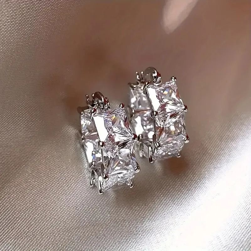 Korean Style Hoop Earrings With Square Crystal Inlay For Women