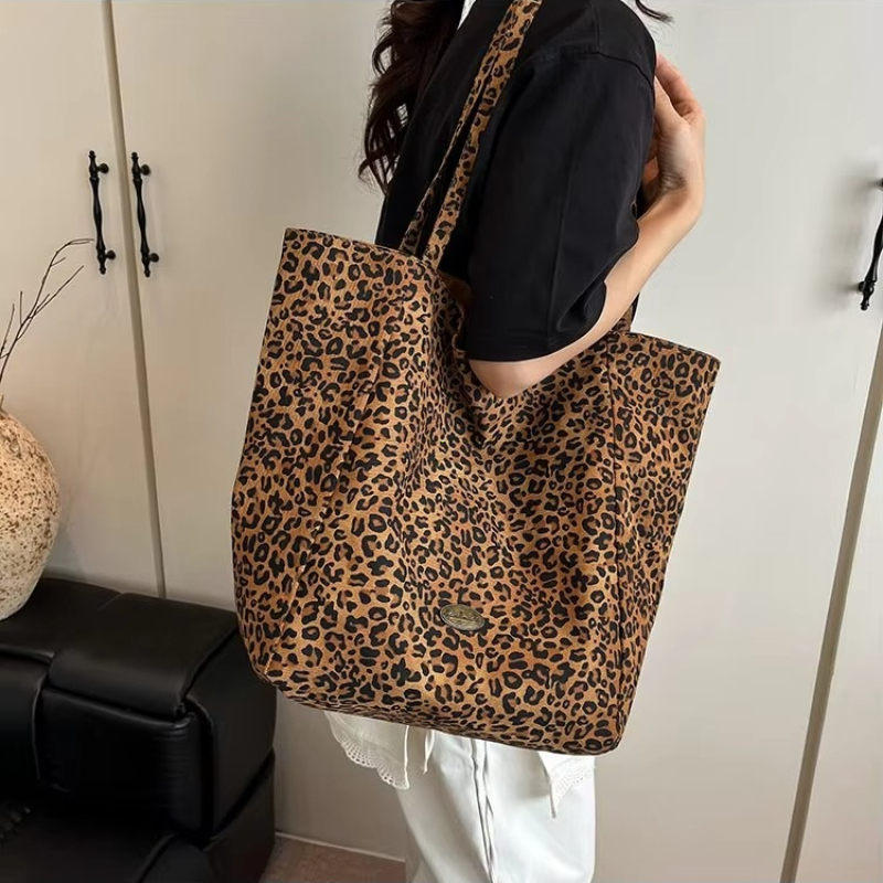 Leopard Print Canvas Tote Bag for Women Large Casual Shoulder Handbag