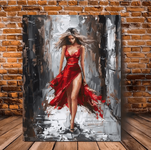 Elegant Woman in Red Dress Framed Canvas Oil Painting Vibrant Portrait Wall Art