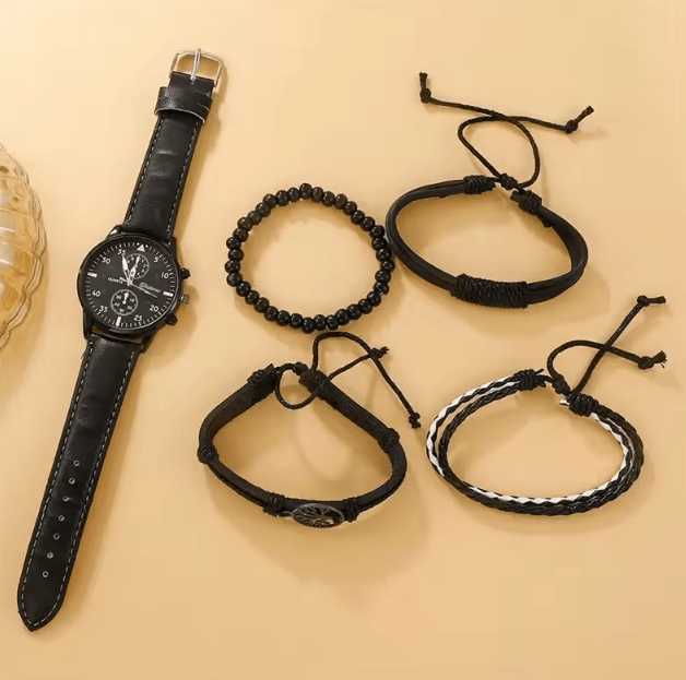 5PCS Mens Quartz Watch and Bracelet Set Leather Strap Business Casual Fashion Wristwatch Gift Set