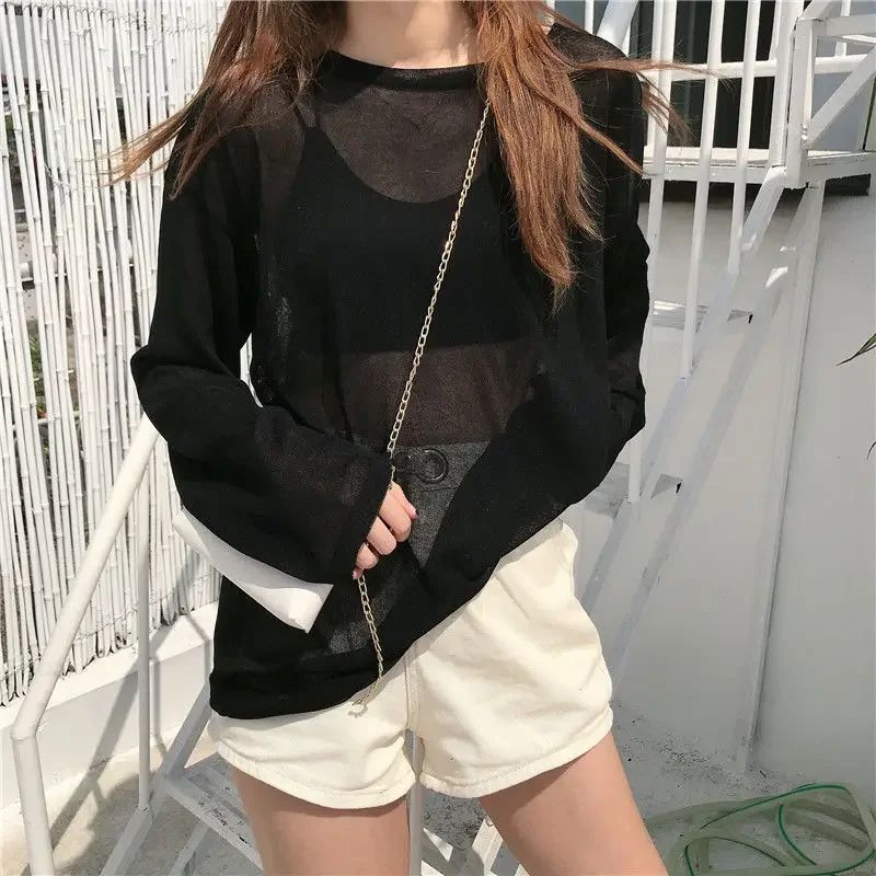 Korean Sheer Long Sleeve T-Shirt – Women's Loose Sun-Protective Ulzzang Summer Tee